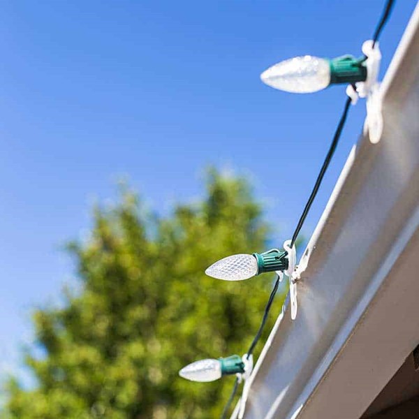 White Christmas lights along a gutter in Seattle, WA 