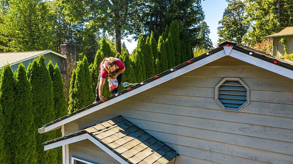 Christmas light installation on a roof in Seattle
