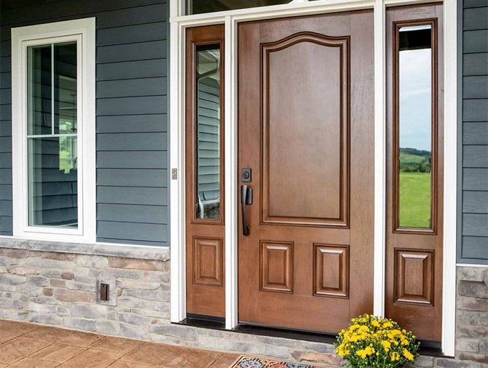 Classic brown front door with windows in Seattle, Washington
